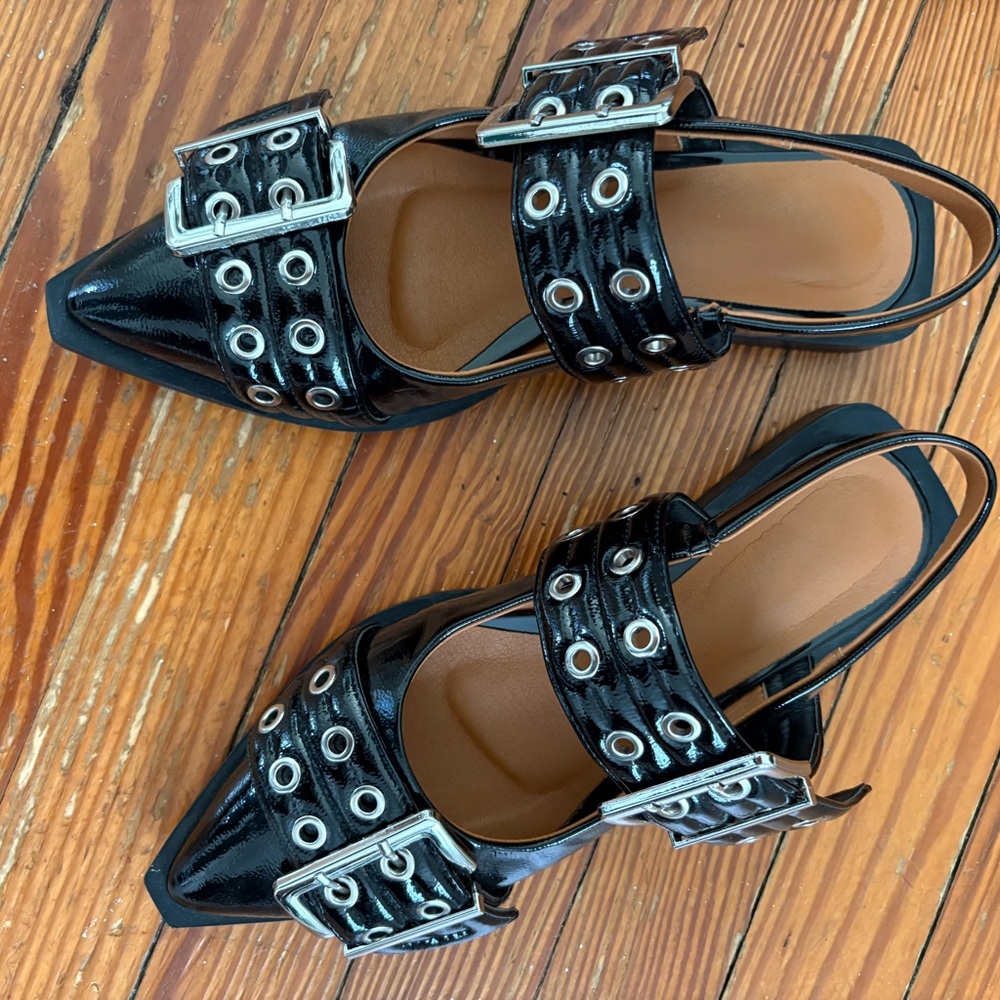 Black Patent Pointed Slingback Flats with Buckle Detail